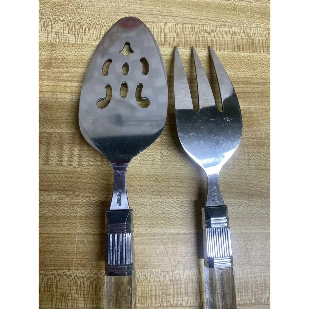 Vintage MCM Fork And Pie Server Lucite Acrylic Flatware Stainless Steel Taiwan